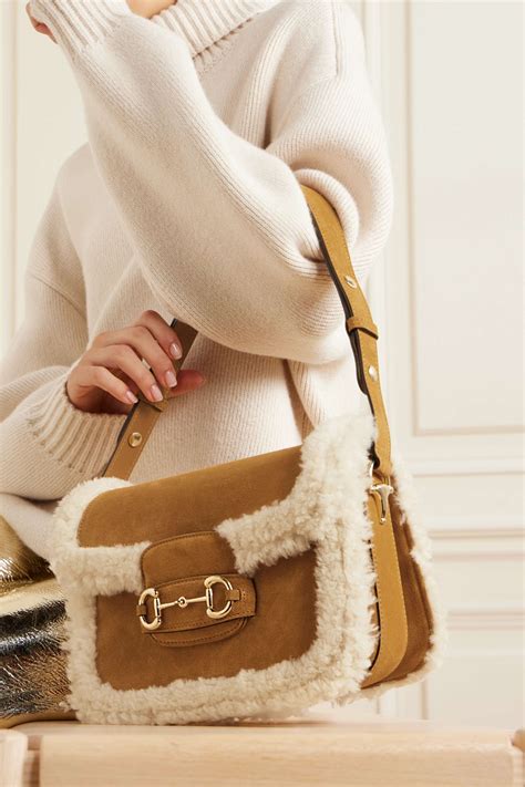 GUCCI Suede Shearling Horsebit 1955 Shoulder Bag Honey .